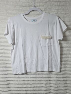 0376 LIANA White Crewneck Tee with Faux Fur‎ Pocket Trim